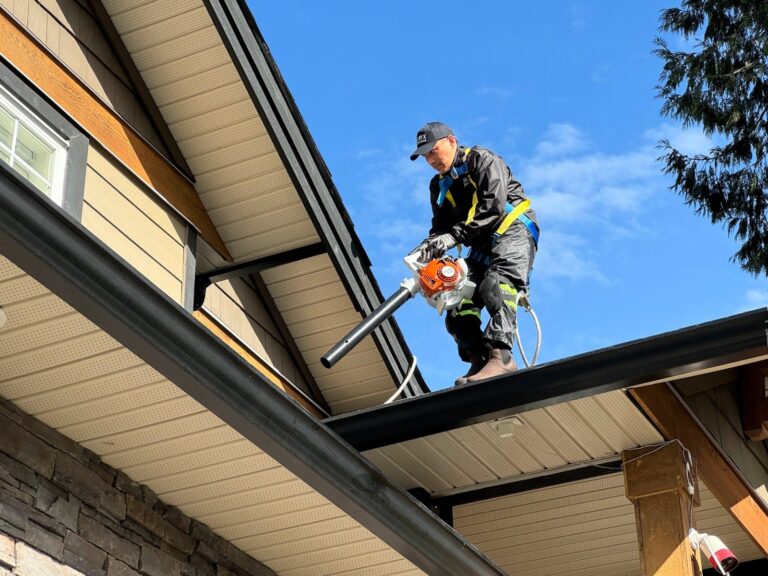 Cleany X technician clearing gutters from the roof of a Greater Vancouver home