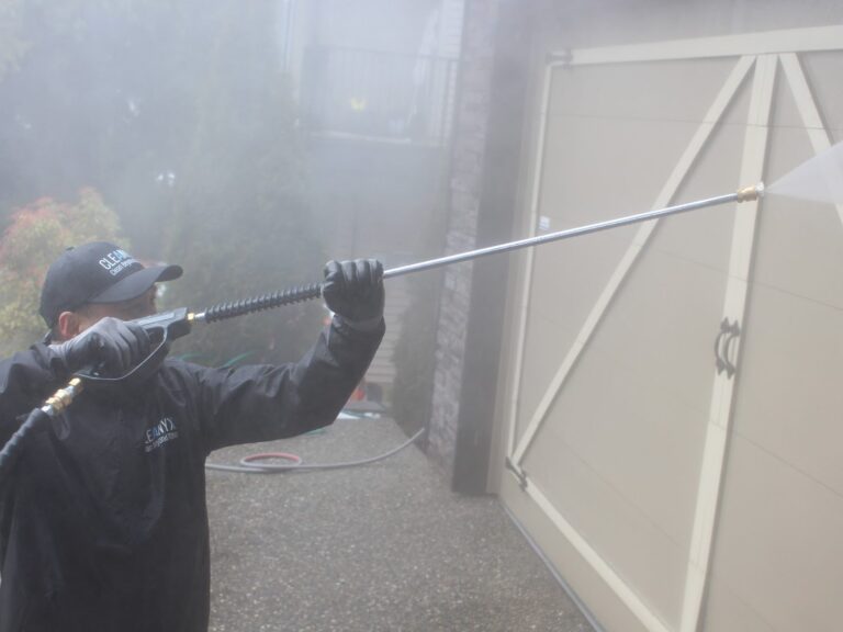 Cleany X washing a garage door and siding