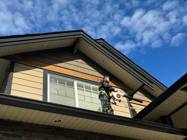 Cleany X technician in a safety harness, roped in, cleaning a roofline