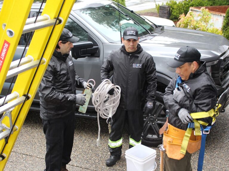 Cleany X team checking ladders and safety harnesses before a job